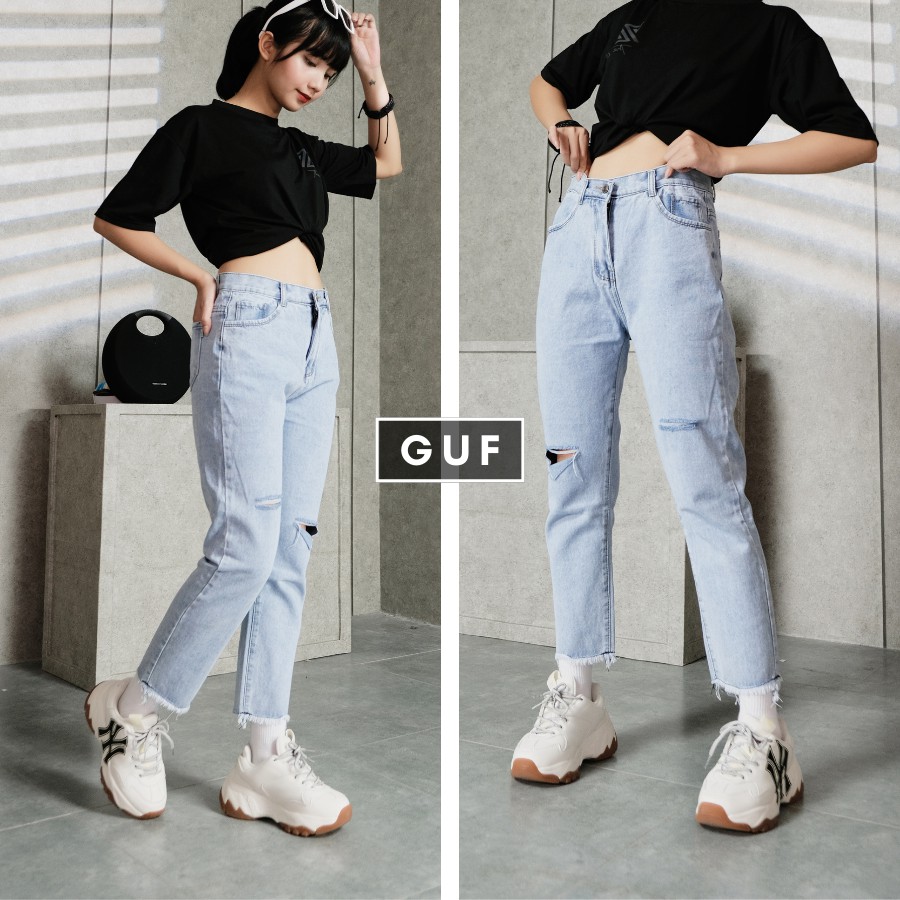 (Số lượng còn giới hạn) Quần Baggy Jean Nữ Cạp Cao Rách Gối GUF