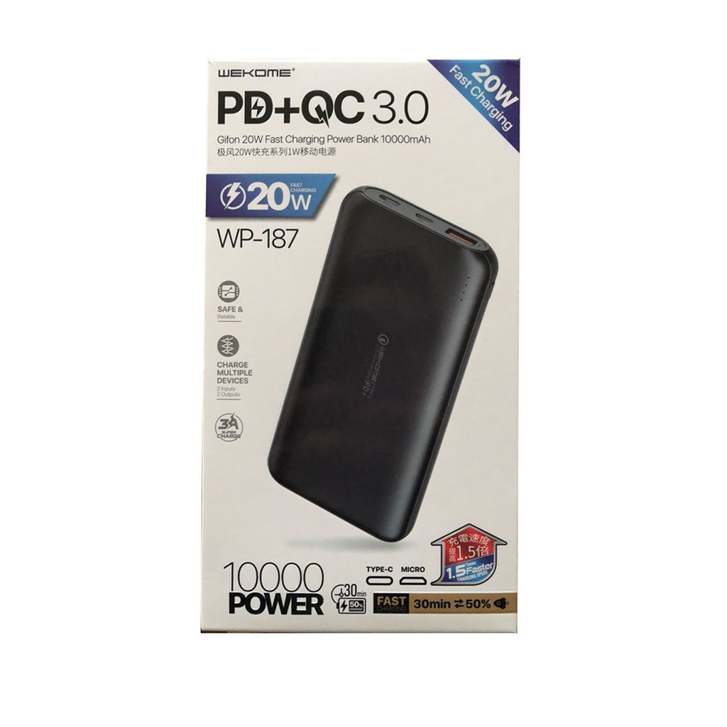 Pin sạc dự phòng 10.000mAh Wekome WP187, Sạc nhanh QC 3.0, PD 20W - Hàng Chính Hãng