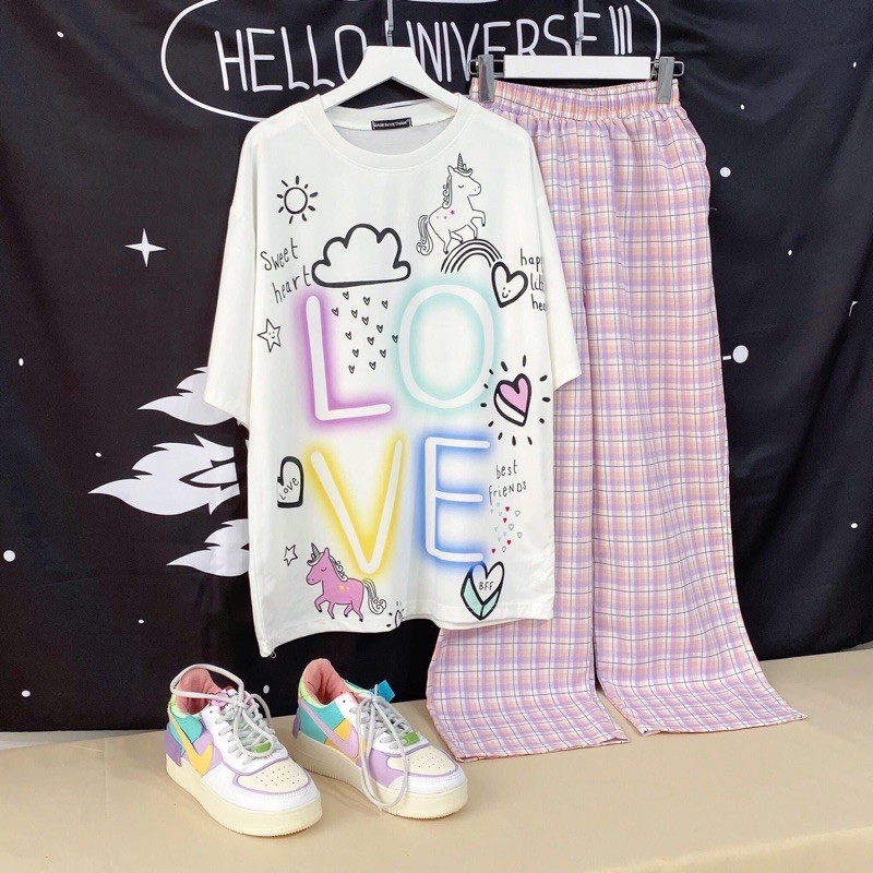 Set LongPant Caro Suông-Áo Thun 3D Ảnh Thật(12Mẫu)