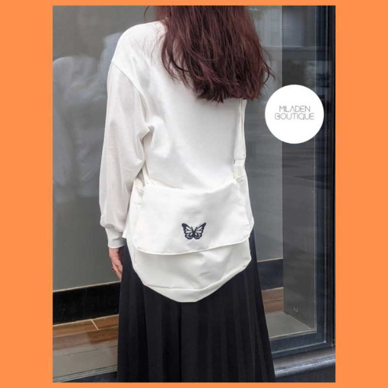 Túi vải đeo chéo canvas cao cấp , Hình Bướm Thêu Nổi Miladen.