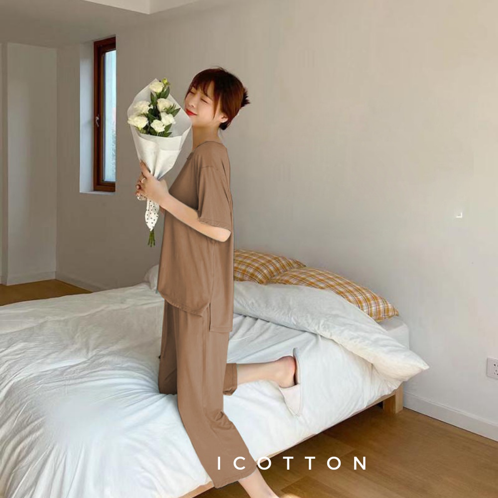 Bộ đồ cotton lụa áo cộc tay quần dài  ❤️Icotton❤️ cao cấp, mát mặc nhà, đồ ngủ form rộng trung niên