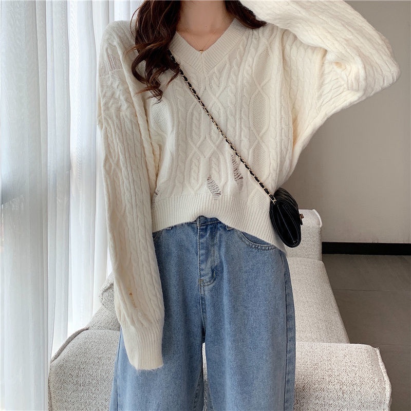 Áo sweater dệt kim cổ tim màu trơn thời trang cho nữ