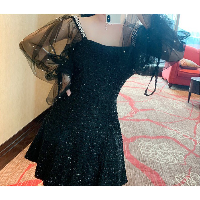 [Sẵn đen-Ảnh thật] Đầm ulzzang tiểu thư cổ vuông đính hạt -u.w | BigBuy360 - bigbuy360.vn