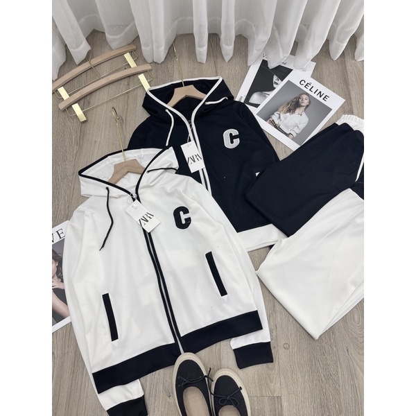 Set bộ mũ khoá chữ C thêu nổi quần ống suông phối