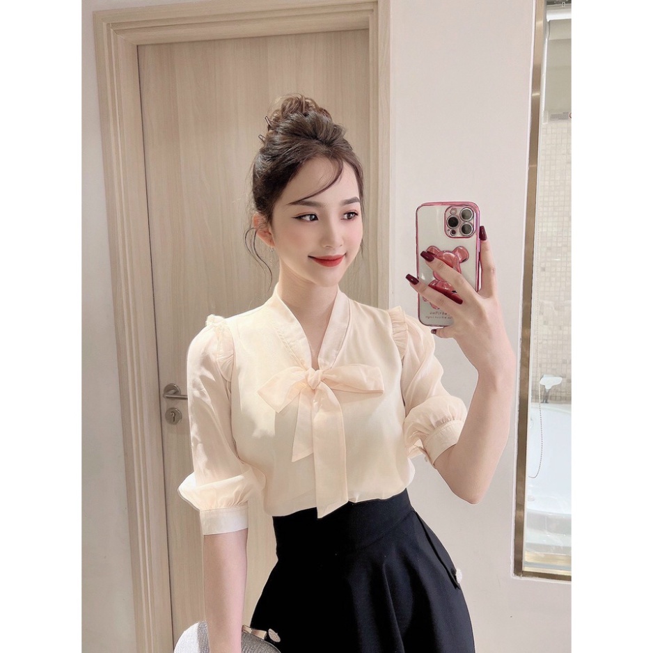 [ Loại 1] Áo sơ mi nữ kiểu cổ thắt nơ trẻ trung, Chất lụa phối, tay áo lỡ đẹp helobaby