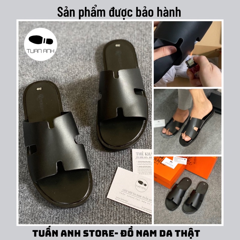 Dép da nam HM Tuấn Anh Store màu đen trơn, da bò Nappa bảo hành 12 tháng