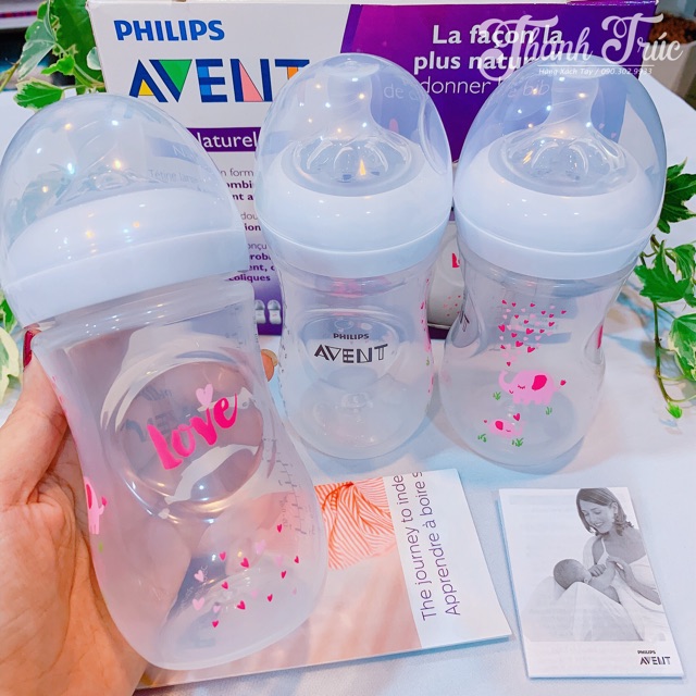 ✔️Bình sữa Avent Natural Hoạ Tiết Voi Xanh/ Voi Hồng/ Cá Ngựa - 260ml