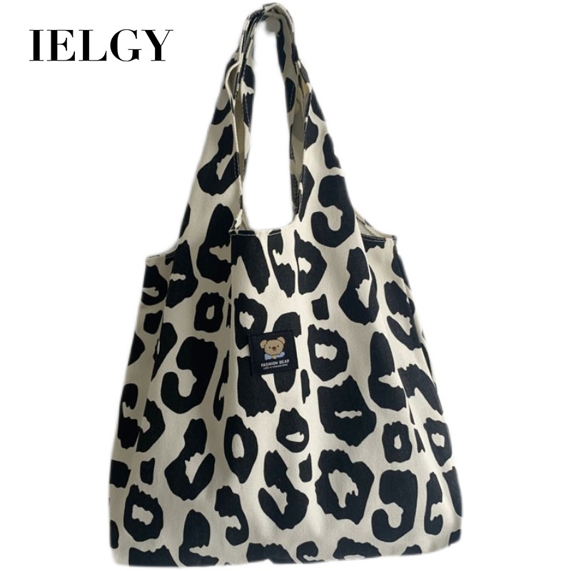 Túi tote đeo vai IELGY vải canvas họa tiết bò sữa/ caro đơn giản sức chứa lớn cho nữ