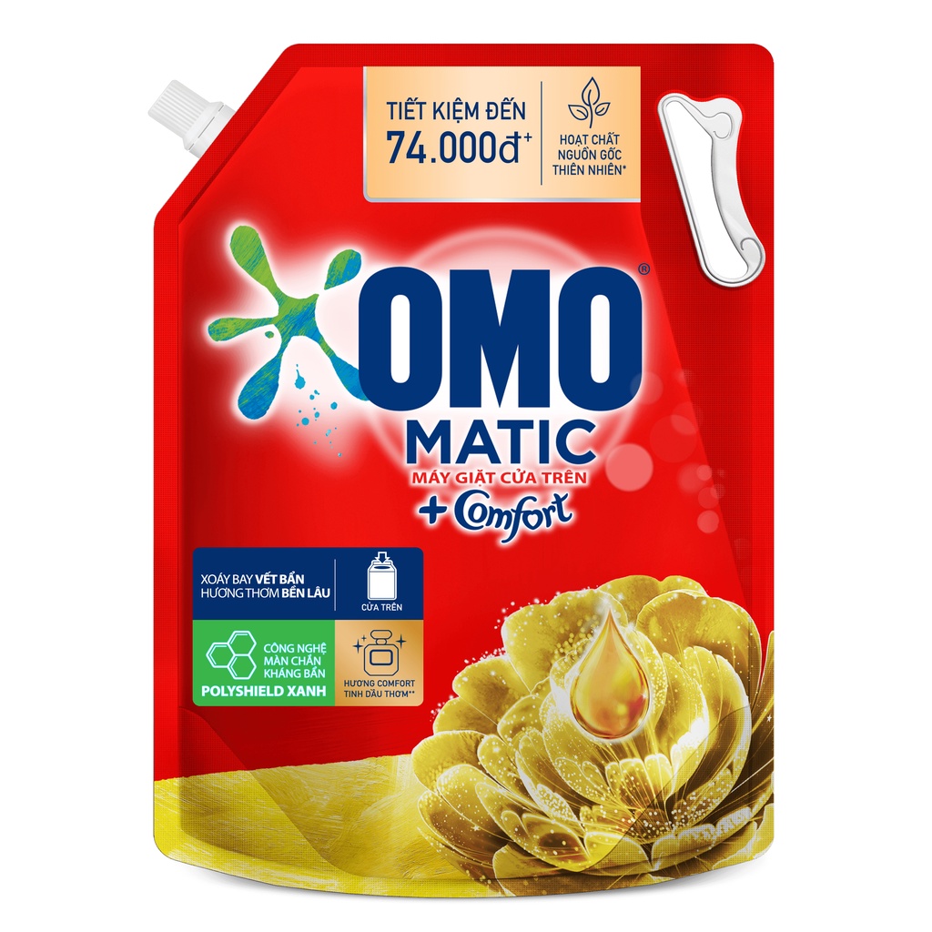 Combo 2 túi Nước giặt OMO Matic Comfort hương Tinh dầu thơm cho máy giặt cửa trên, xoáy bay vết bẩn 3.6kg/túi