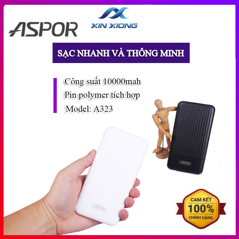 Sạc dự phòng CHÍNH HÃNG ASPOR_màu đen dung lượng 10000mAh sạc nhanh- đầu ra 2,4A + 1 cáp sạc Samsung