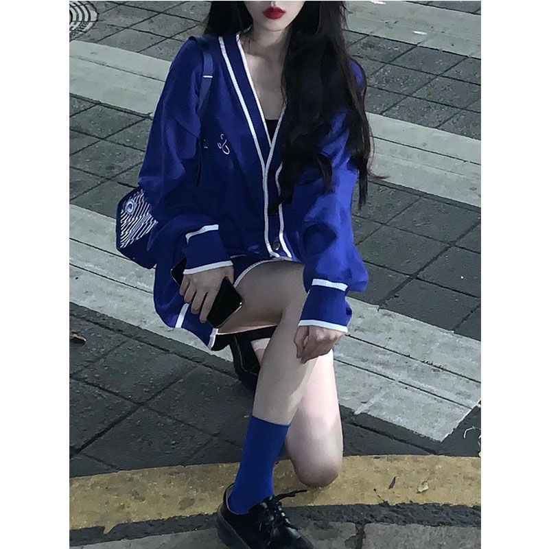 Áo Khoác Cardigan Dệt Kim Cổ Chữ V Dáng Rộng Màu Xanh Dương Thời Trang Xuân Thu Đông Phong Cách Retro Cho Nữ