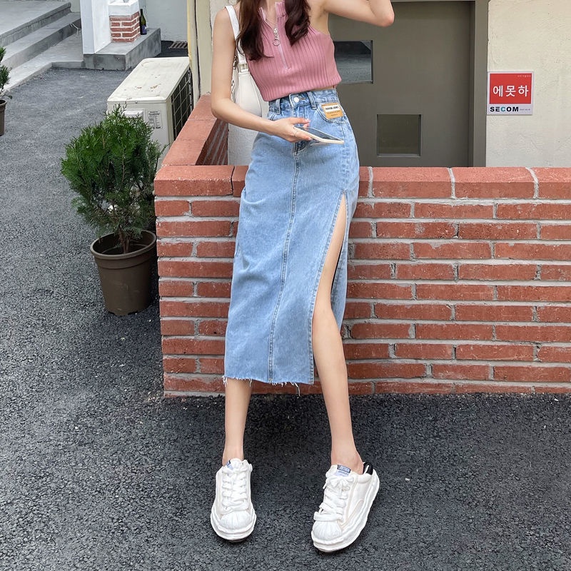 Jiashucheng Chân Váy Denim Lưng Cao Dáng Ôm Xẻ Tà Thời Trang Cá Tính Cho Nữ