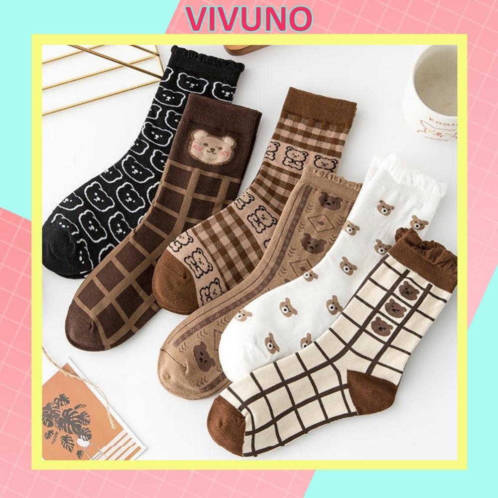 Tất cao cổ nữ hoạ tiết gấu dễ thương Vivuno vớ cotton co dãn Hàn Quốc TN140