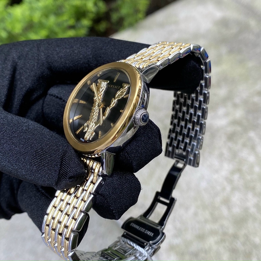 Đồng hồ nữ Versace gold 35mm máy Swiss quartz, mẫu mặt tròn viền vàng, dây thép không gỉ