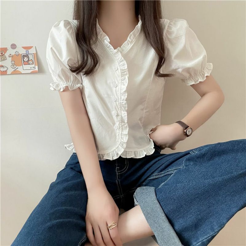 Áo Sơ Mi Nữ Tay Ngắn Viền Bèo Cute Ulzzang