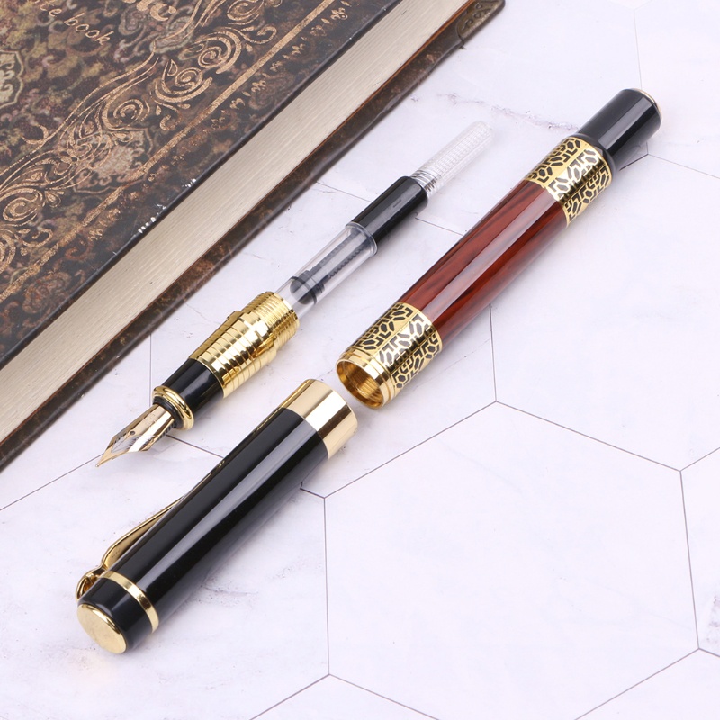 Bút Máy Ngòi Trung 0.5mm Khắc Họa Tiết Hoa Màu Đỏ