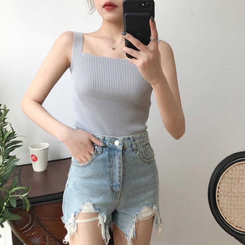 Áo 2 dây bản to len tăm cổ vuông ôm body nhiều màu
