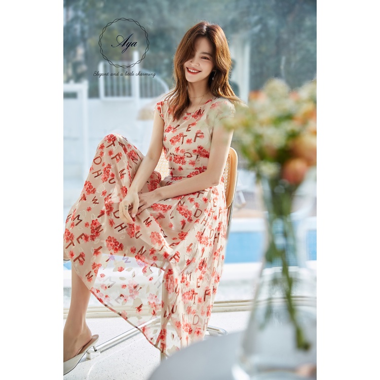 Đầm Váy Nữ Hoa Cổ Tròn Thiết Kế Vải Voan Cát Cao Cấp