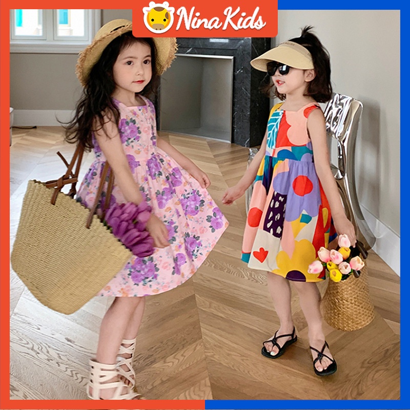 Đầm Cotton Không Tay In Hoa Phong Cách Hàn Quốc Ngọt Ngào Dành Cho Bé Gái 1-6 Tuổi