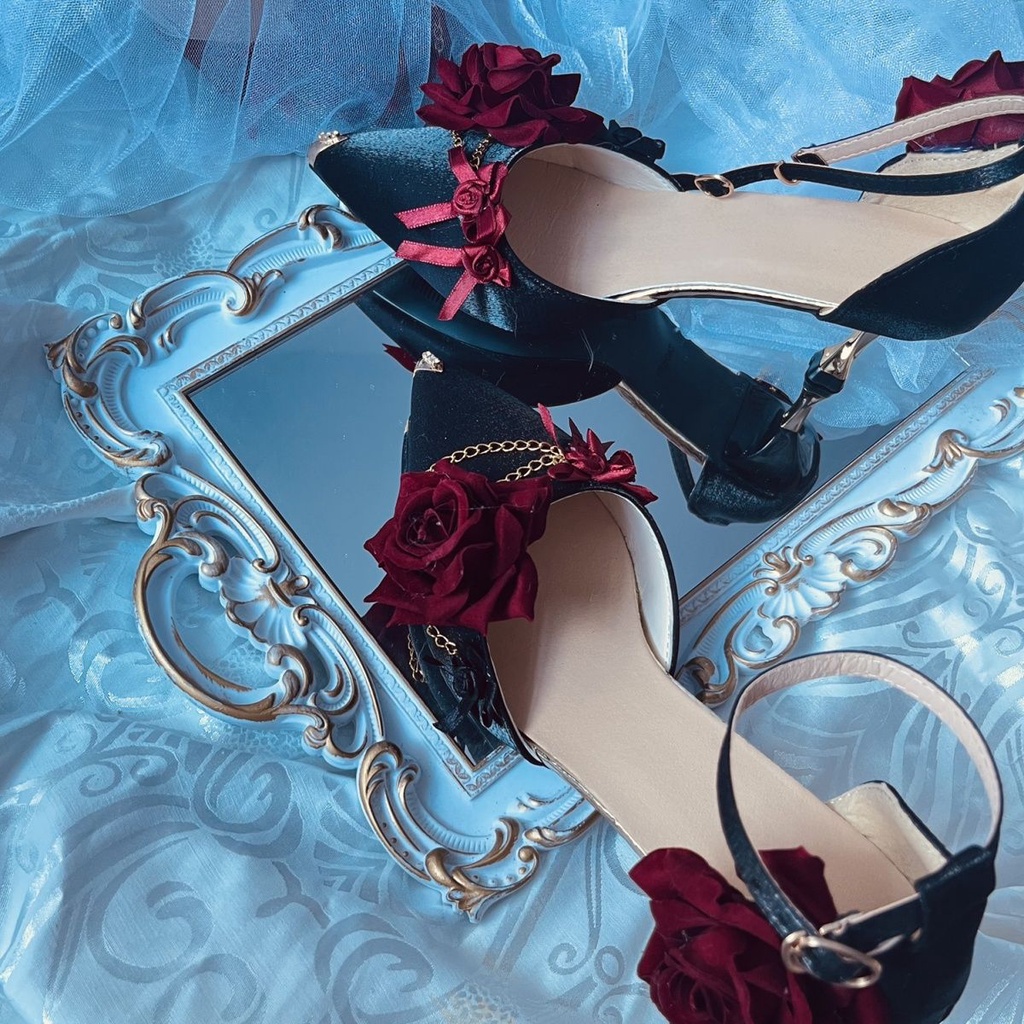 Giày cao gót làm bằng tay đích thực giày cao gót hoa hồng đỏ và đen giày cao gót Lolita giày cao gót cưới giày cao gót mũi nhọn giày cao gót 8cm