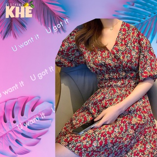 - Váy hoa nhí ngắn, váy xoè, eo thun, cổ chữ V dịu dàng, nữ tính - váy hè