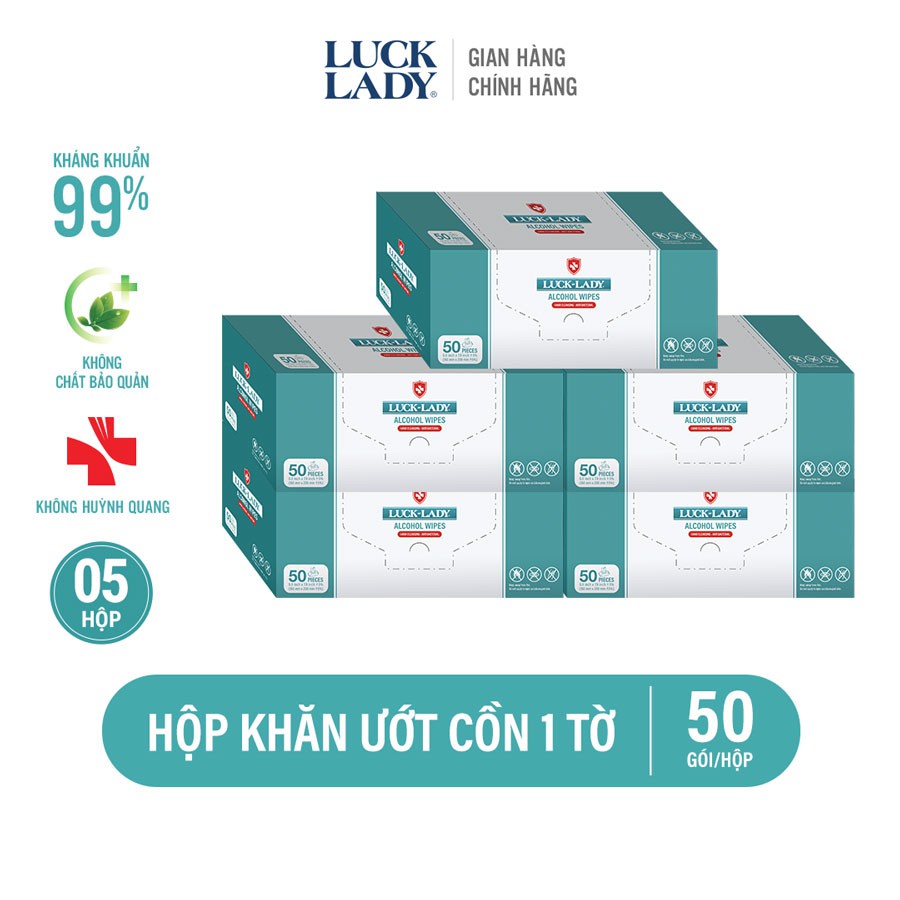 Khăn ướt cồn kháng khuẩn Luck Lady 50 gói 1 tờ/hộp - Combo 5 hộp