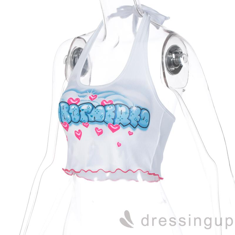 Áo Croptop Hở Lưng In Họa Tiết Chữ Và Trái Tim Sành Điệu Cho Nữ