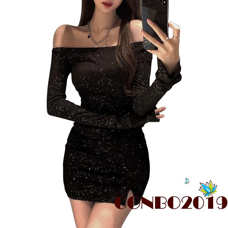 Hgm-đầm Ôm Dáng Tay Dài Hở Vai Xẻ Tà Đính Đá Màu Đen Trang Trí Dành Cho Nữ