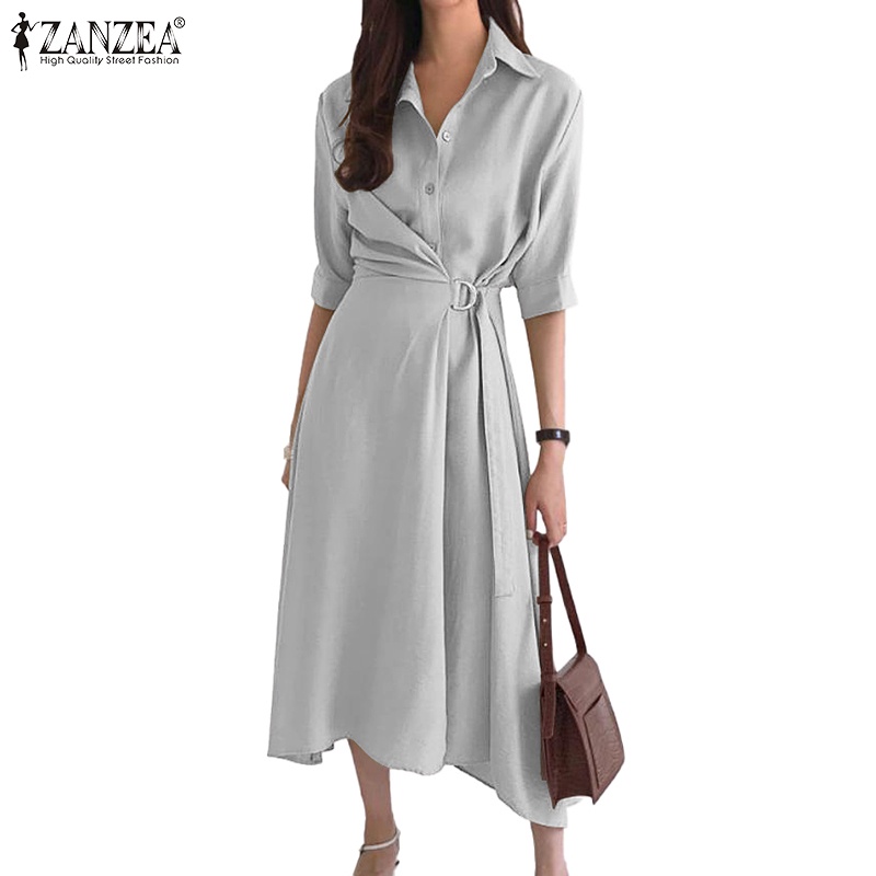 Đầm ZANZEA cổ bẻ ngắn tay thắt dây màu trơn phong cách Hàn Quốc thanh lịch cho nữ
