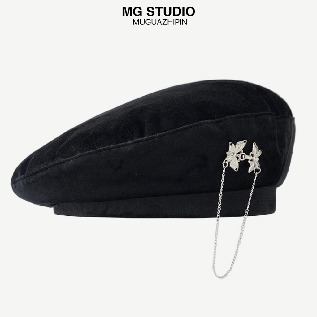 Mũ beret MG STUDIO trang trí nút hình bướm bạc 3 màu sắc tuỳ chọn