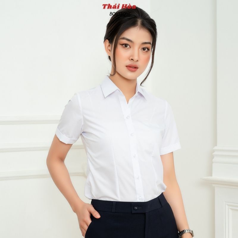 Áo sơ mi nữ tay ngắn trắng cao cấp kiểu công sở sợi tre bigsize Thái Hoà N8919-01-01