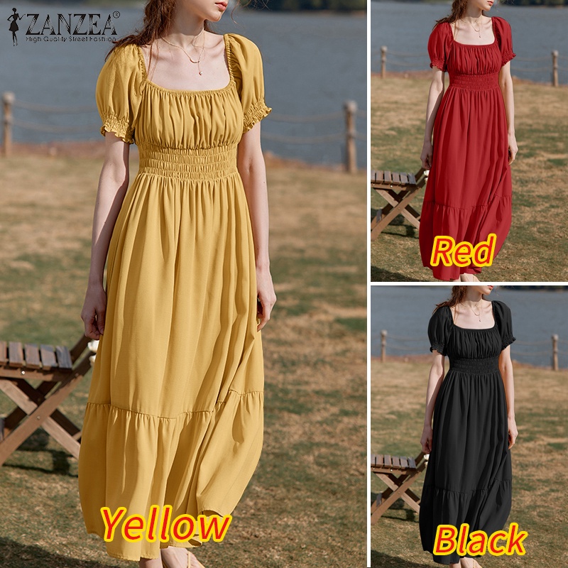 Đầm Zanzea cổ vuông tay phồng xếp nếp màu trơn thiết kế quý tộc cổ điển cho nữ