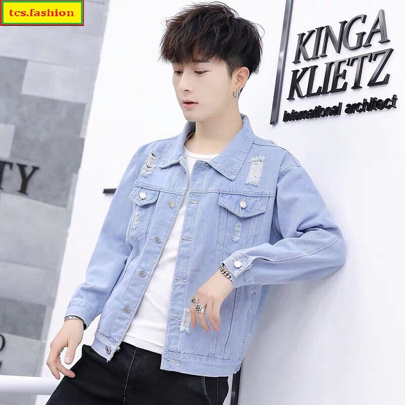 Áo Khoác Jean Nam Xanh Rách Mã 12 Không Phai Hàng Cao Cấp Bán Shop Thời Trang TCS.FASHION