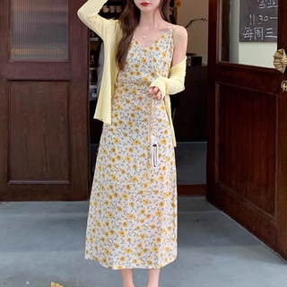 Đầm maxi 2 dây họa tiết hoa phong cách vintage Hàn Quốc