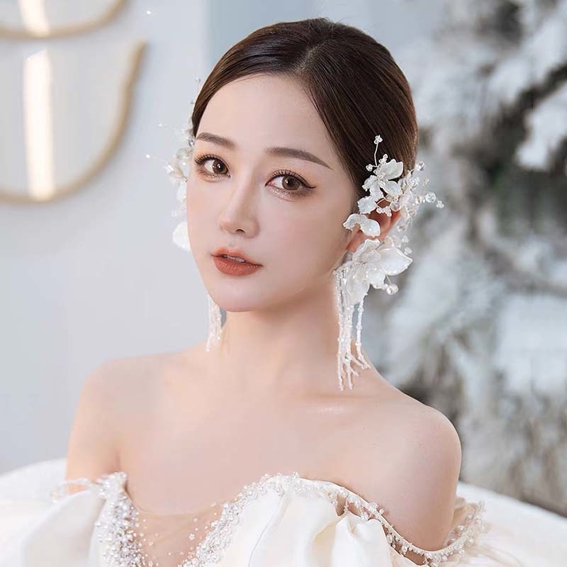 Khuyên Vành Tai Cô Dâu Đính Đá Pha Lê Hình Hoa Tua Rua