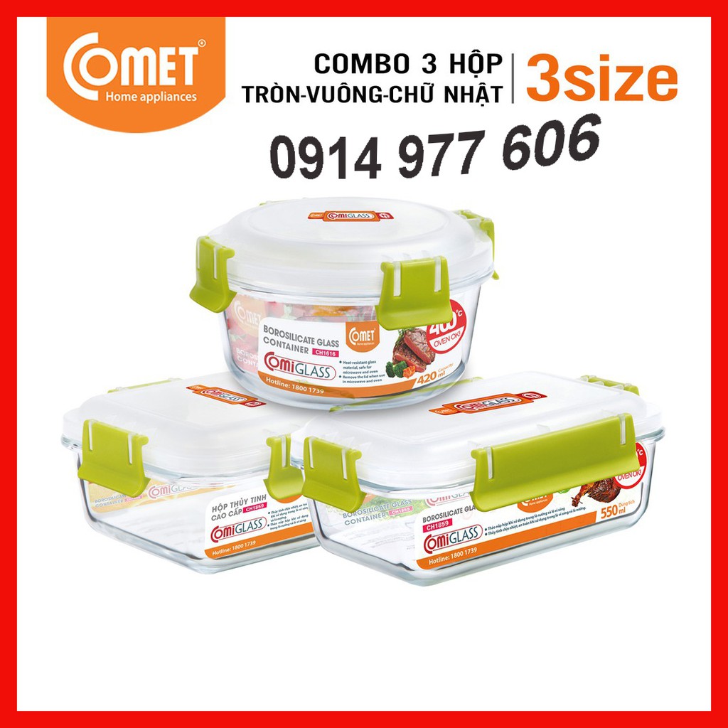 Combo 3 hộp thực phẩm thuỷ tinh COMET - 3CH1856&58&59