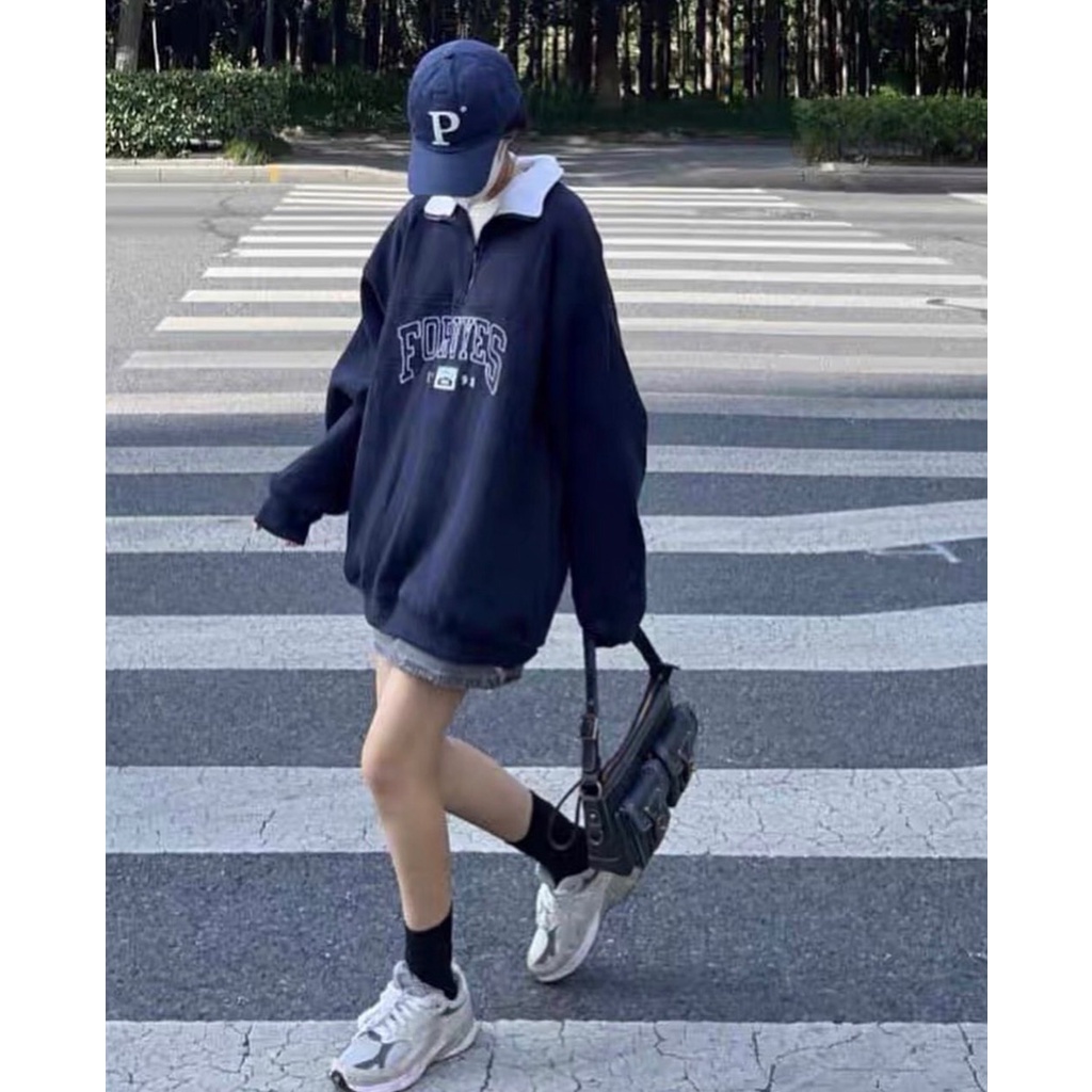 Áo sweater FORUYFS khóa cổ nữ  - Áo Nỉ cổ cao dáng rộng tay phồng, Áo Hoodie oversize phong cách Hàn Quốc - HANHAN SHOP