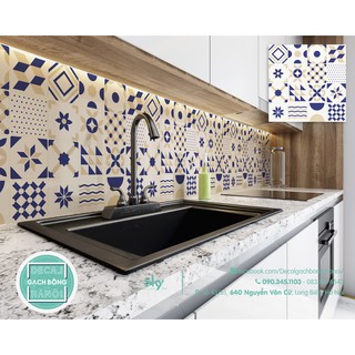 GẠCH BÔNG DECAL - HOA VÀNG #BLUE - trang trí bếp, nhà tắm, phòng ăn, trống nước - có sẵn keo dán
