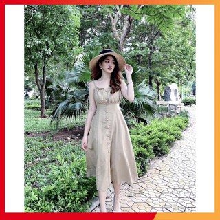Đầm maxi 2 dây xếp li đi biển vintage