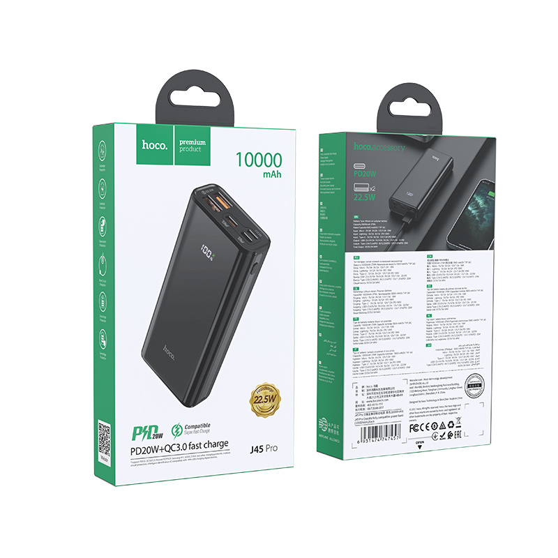 Pin sạc dự phòng Hoco J45 Pro Elegant shell 10000mAh QC3.0 22.5W và TypeC PD20W (Đen) - Phụ Kiện 1986