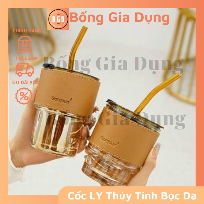 Cốc, Ly Thủy Tinh Bọc Da 450ml Kèm Ống Hút, Chống Bỏng Chống Rò Rỉ Cách Nhiệt Tốt