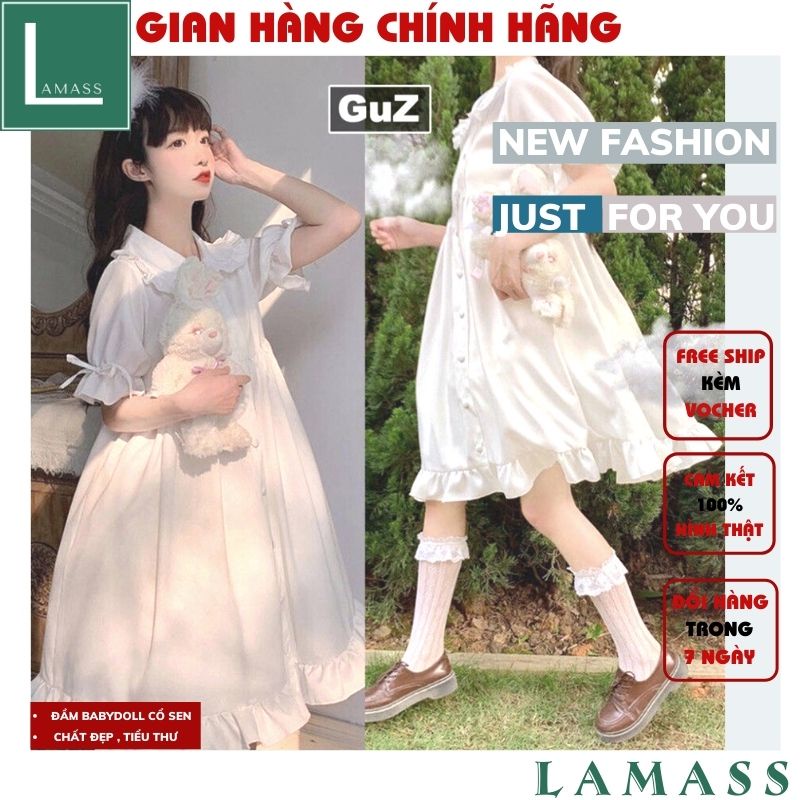 Đầm babydoll trắng đen cổ sen bèo tay ngắn dài xếp ly nút (ảnh thật) ,có quà tặng ,LAMASS | BigBuy360 - bigbuy360.vn