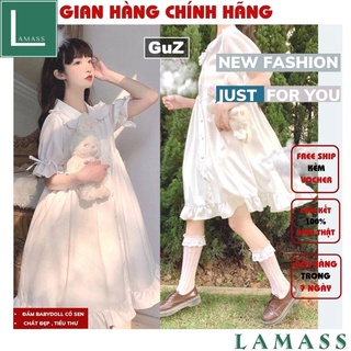 Đầm babydoll trắng đen cổ sen bèo tay ngắn dài xếp ly nút (ảnh thật) ,có quà tặng ,LAMASS