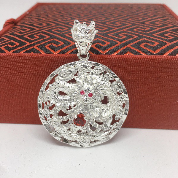 Dây chuyền cao su nam phong thủy Mặt Thiên Long Tròn Đỏ Bạc 925 Cao Cấp