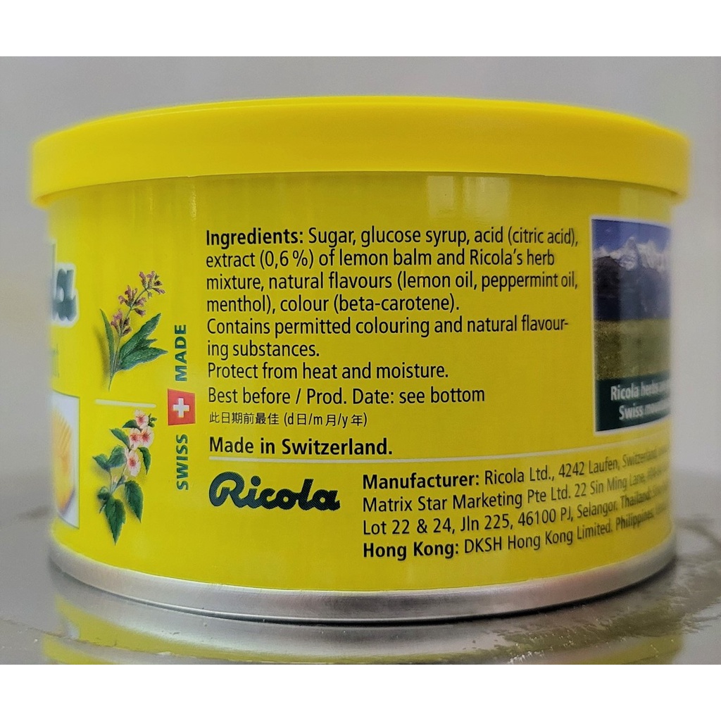[Hộp tròn 100g (Vàng Nhạt) - LEMONMINT] KẸO CHANH BẠC HÀ [Swiss] RICOLA LemonMint Herb Candy