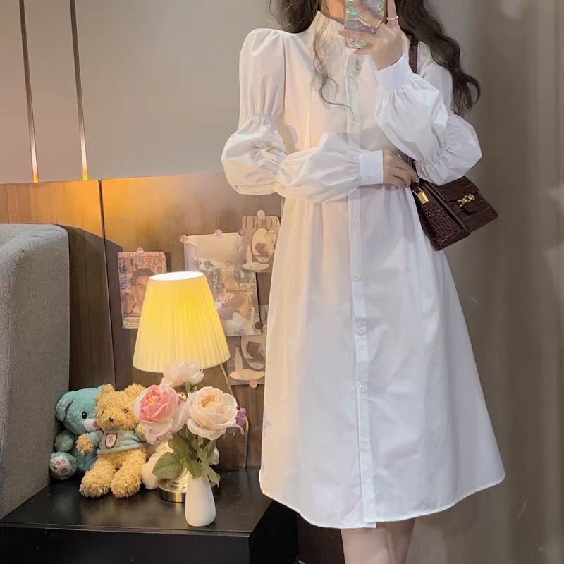 Váy sơ mi trắng dáng dài tay bồng