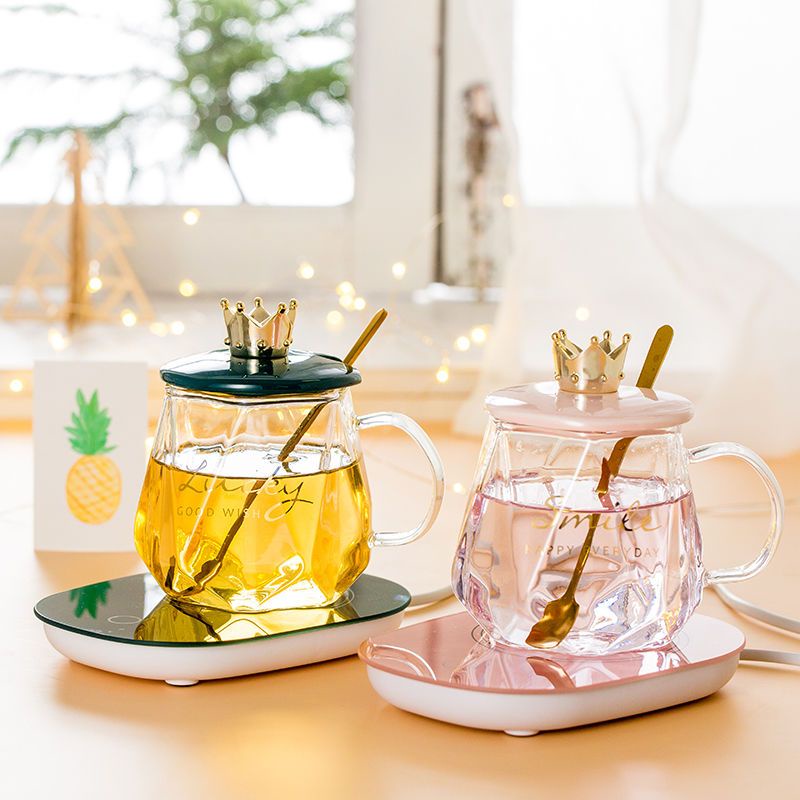 Cốc trà thủy tinh dày dặn, nắp sứ vương miện