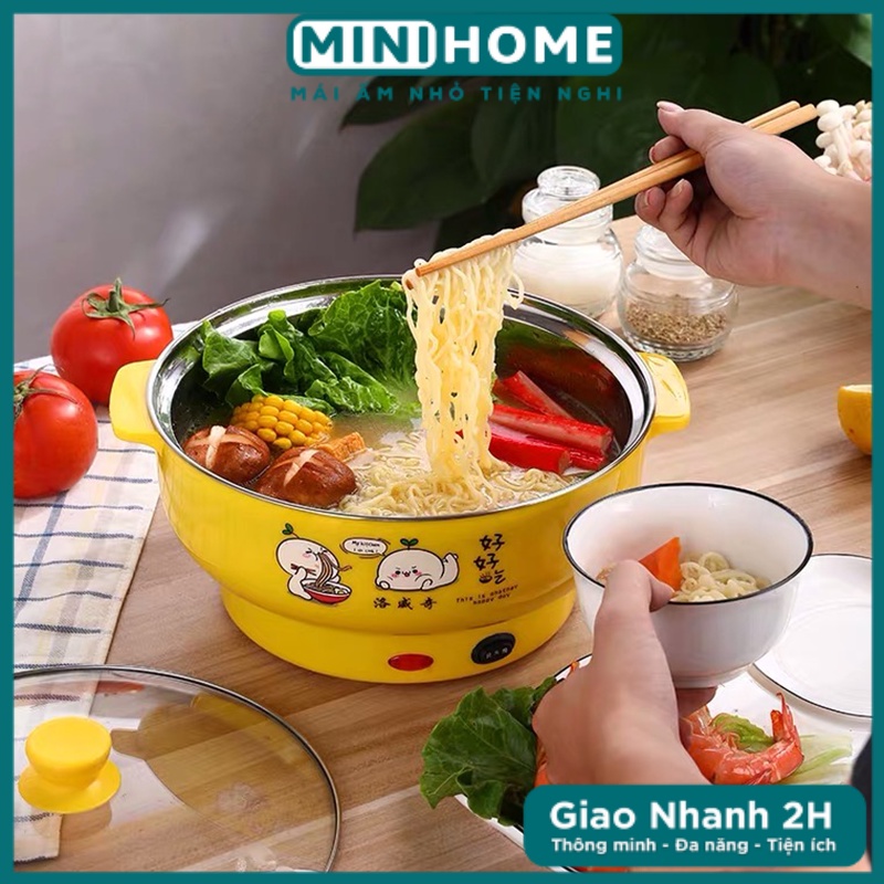 Ca Nấu Mì, Nồi Lẩu Điện Đa Năng MÀU SẮC, Nồi Lẩu Mini 28cm In Họa Tiết Xinh Xắn Dễ Thương