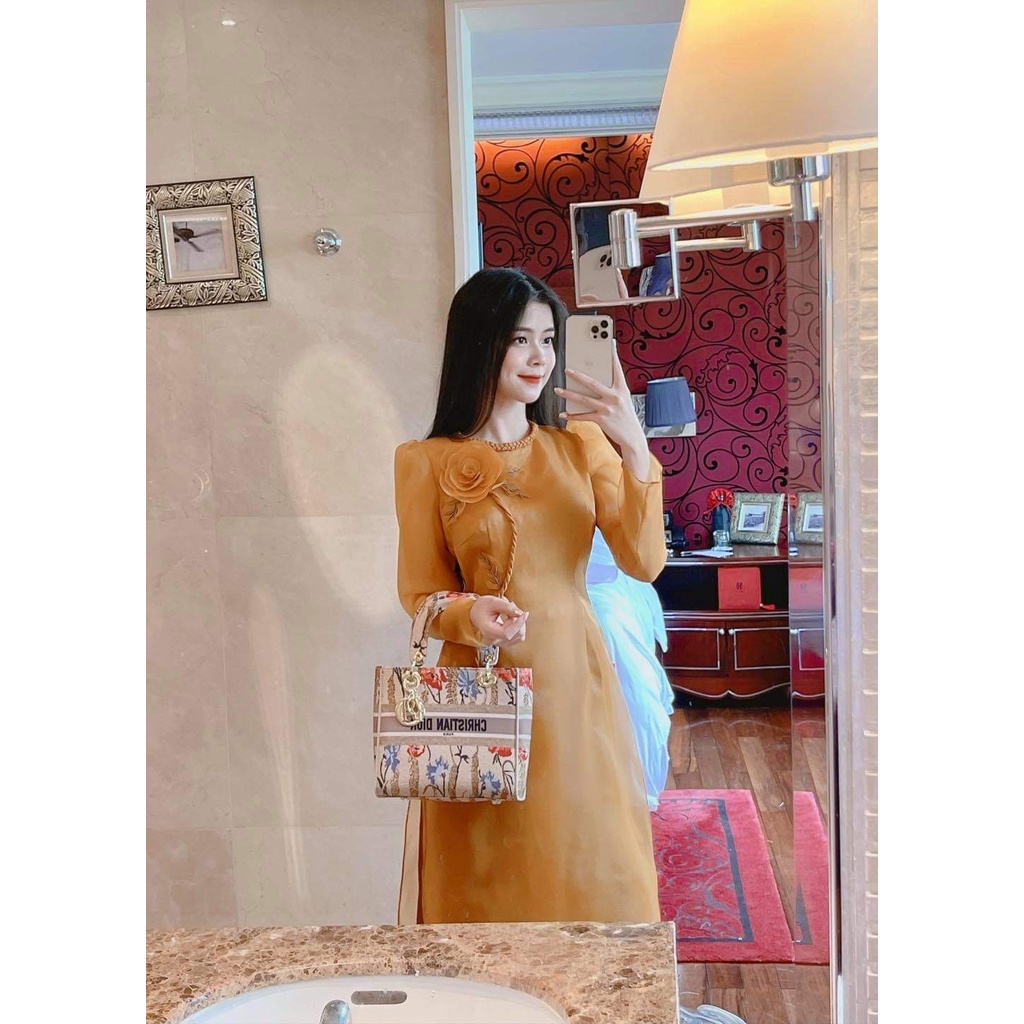 Áo dài cách tân chất voon organza  - vàng tết cổ