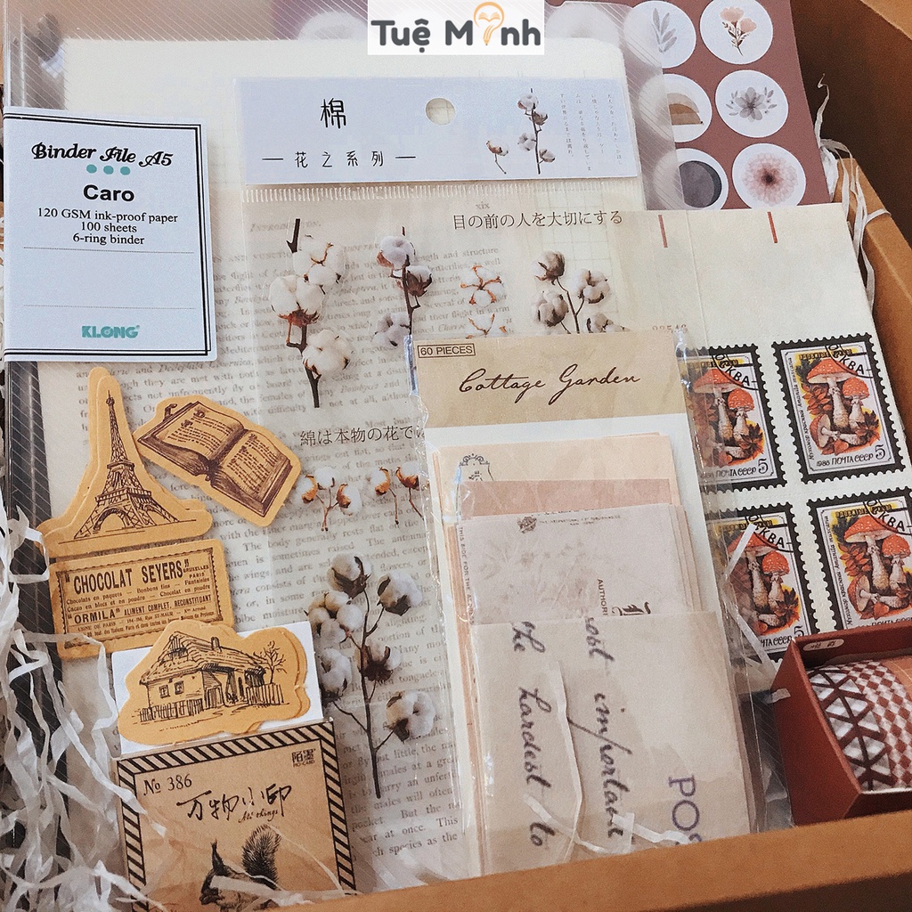 Set trang trí sổ Bullet journal Vintage - bộ quà tặng sổ còng binder Klong, sticker, note, washi tape Luv101 Tuệ Minh